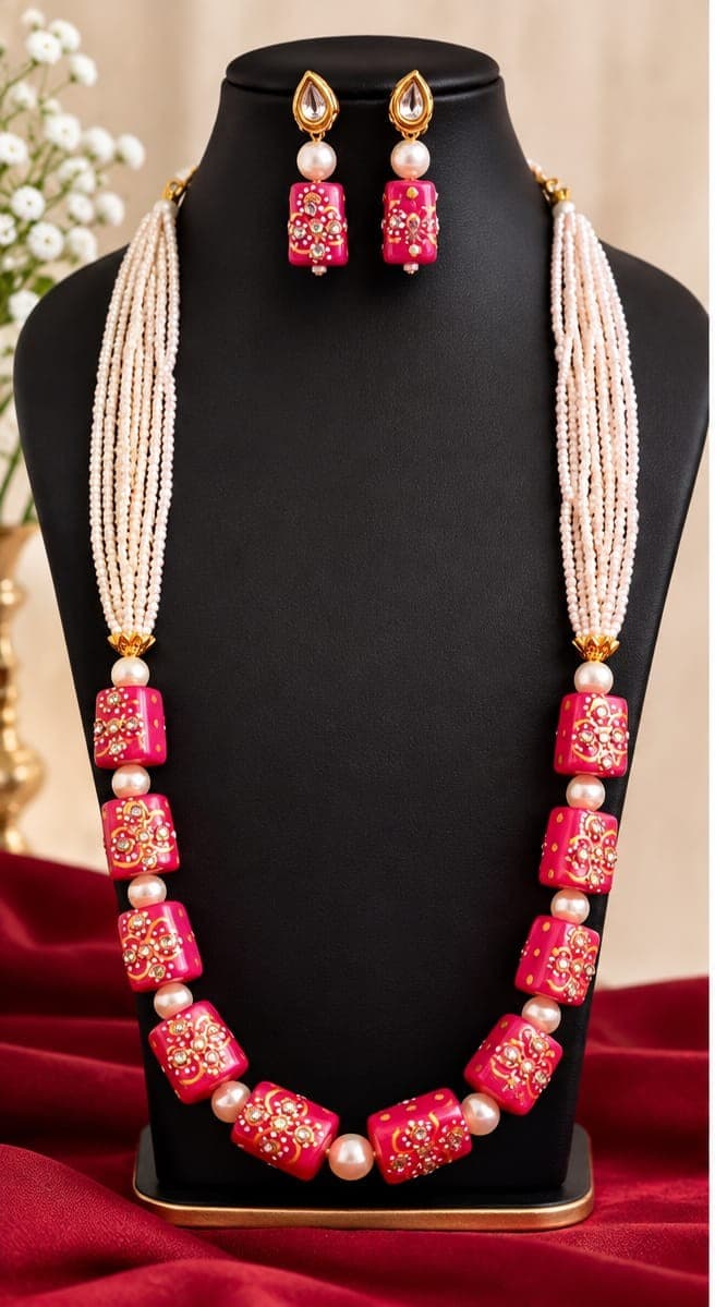 Hot Pink Meenakari Pearl Necklace Set