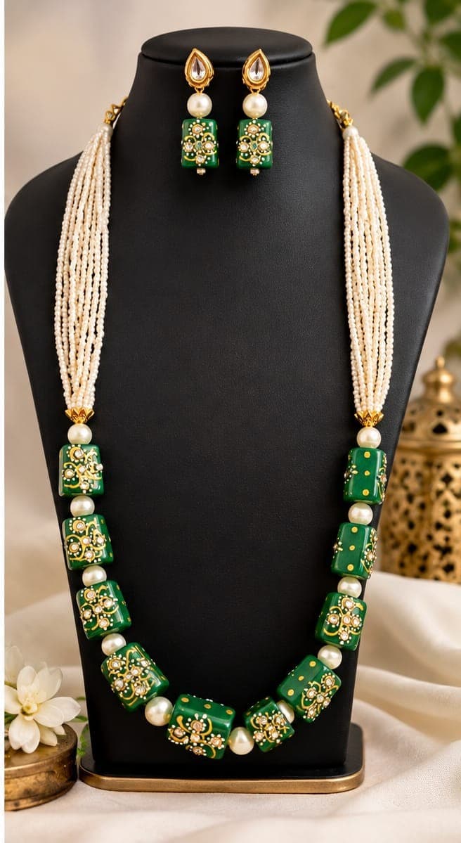 Emerald Green Meenakari Pearl Necklace Set