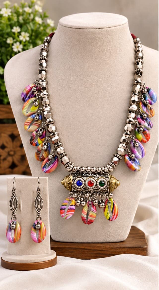 Oxidised Cowrie Shell Necklace Set