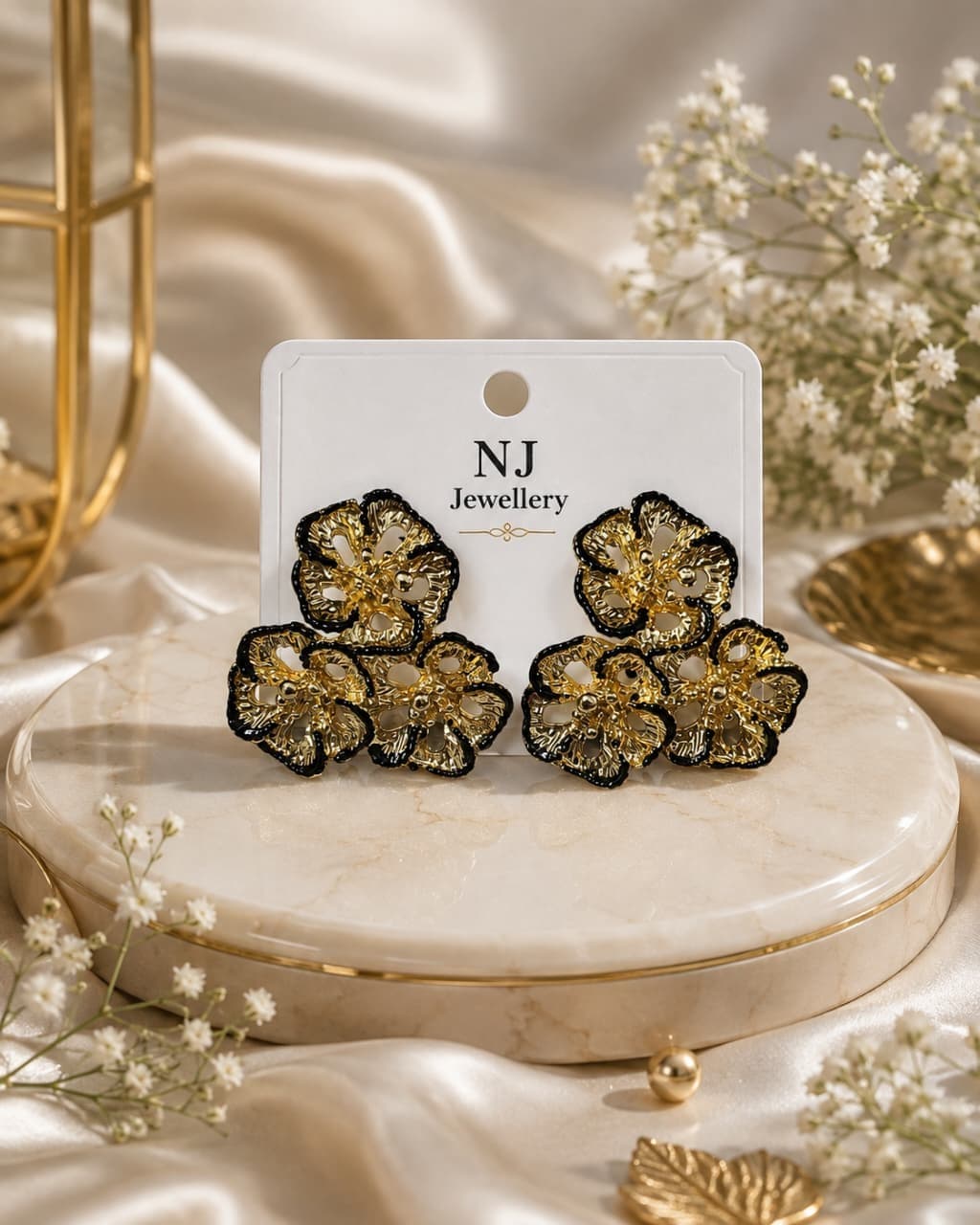 Black Edge Filigree Flower Earrings