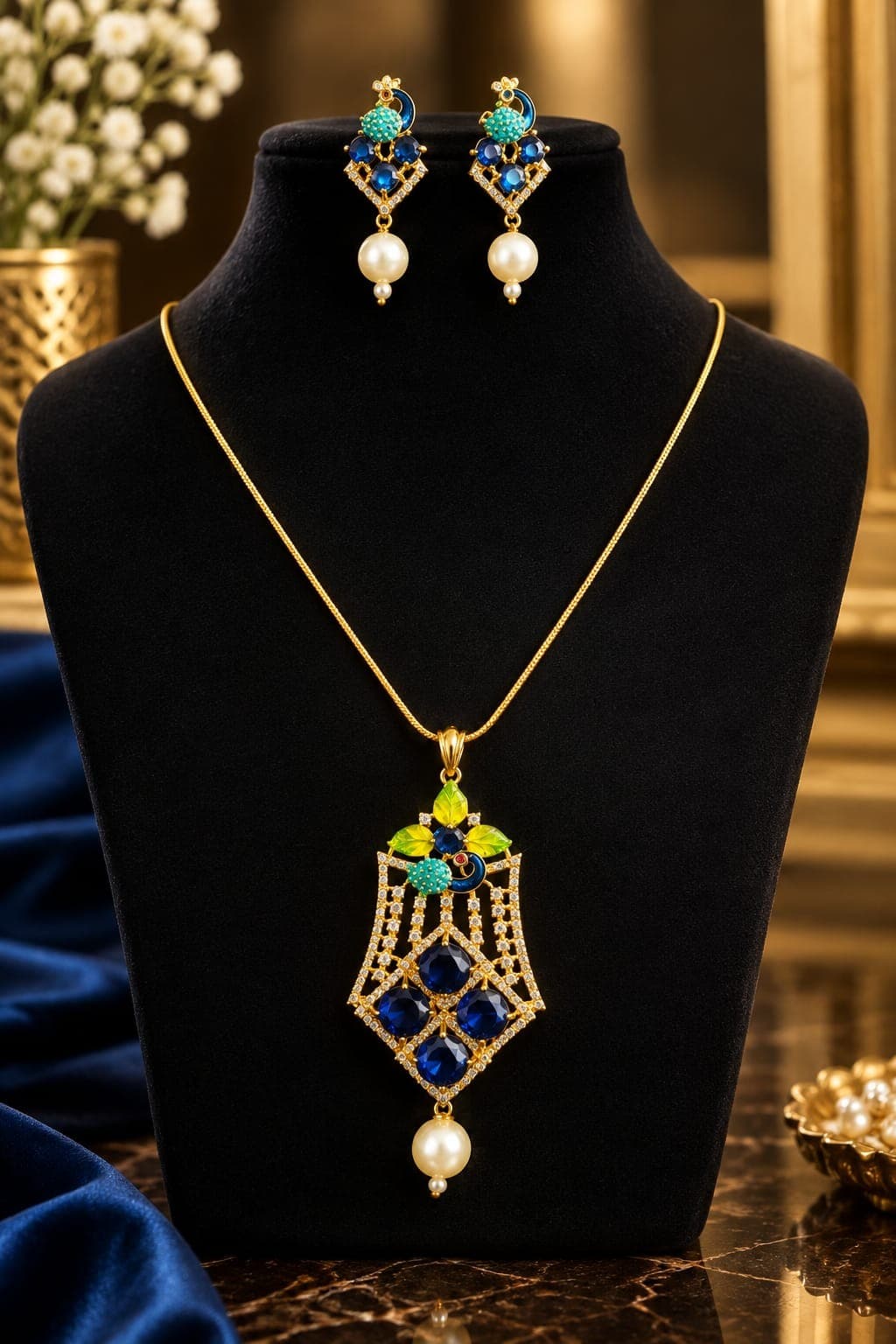 Navy Peacock Pendant Set