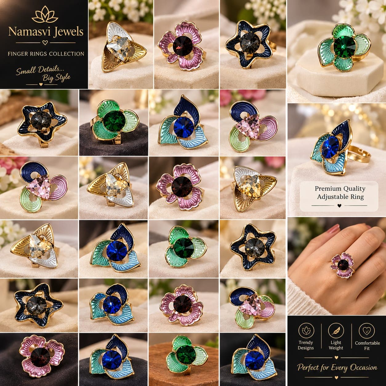 Adjustable Floral & Designer Finger Rings