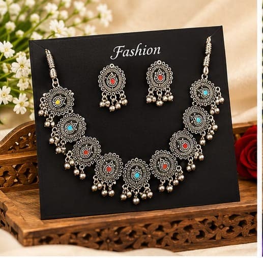 Oxidised Coin Disc Necklace Set