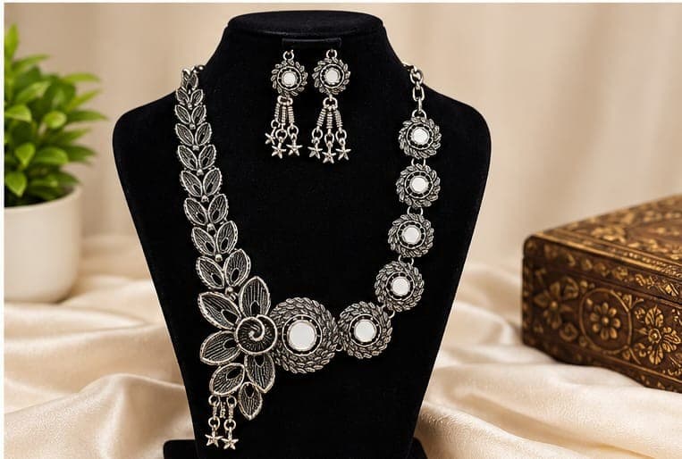 Oxidised Floral Mirror Necklace Set
