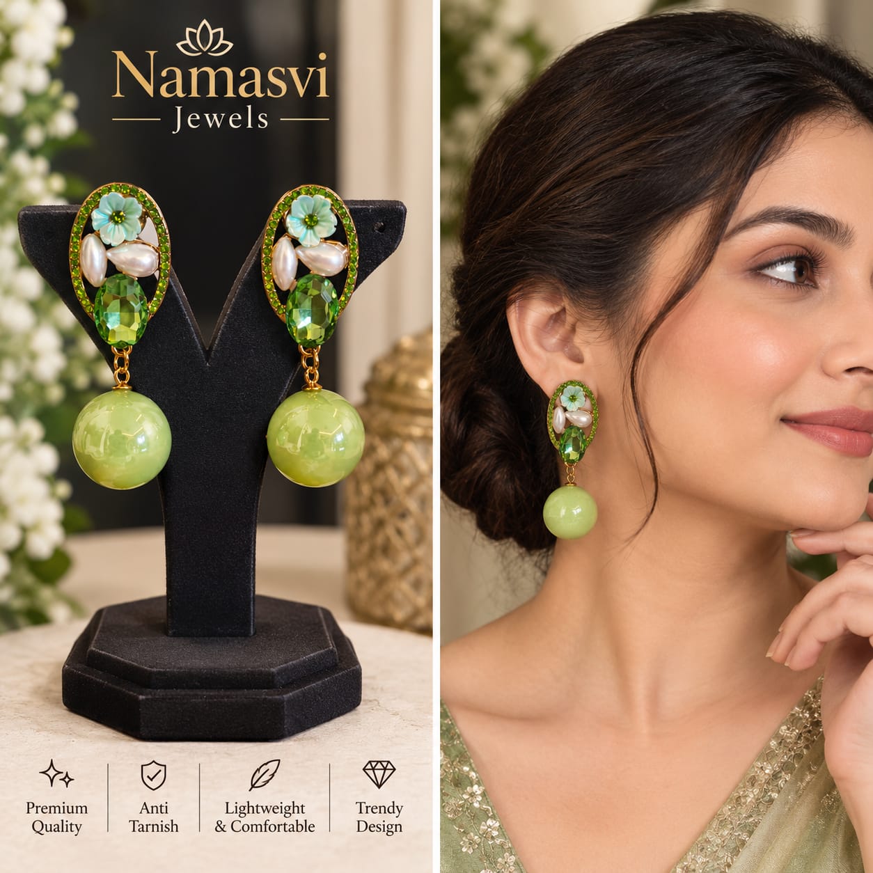 Emerald Bloom Pearl Drop Earrings