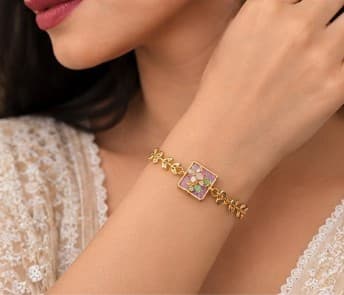 Pink Floral Enamel Leaf Bracelet