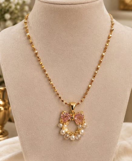 Pink Bow Pearl Pendant Set