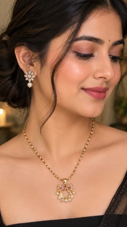 Pink Bow Pearl Pendant Set