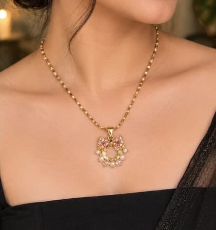 Pink Bow Pearl Pendant Set