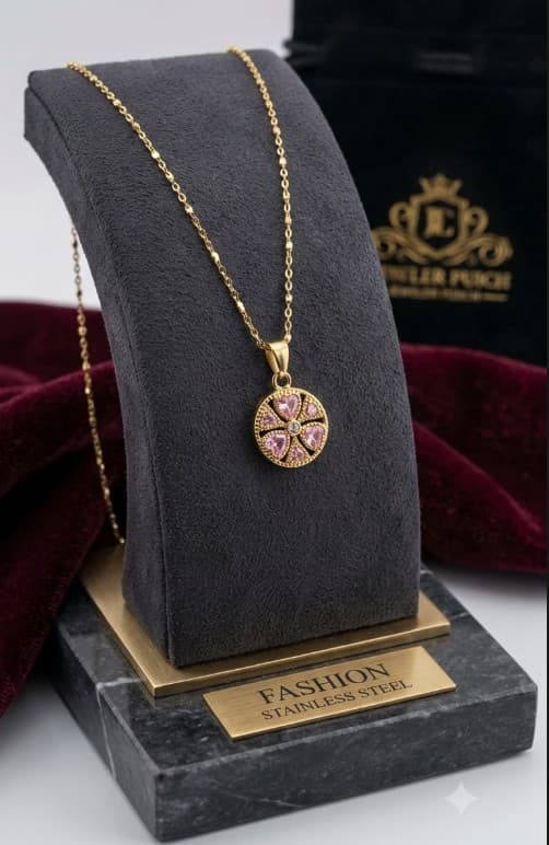 Pink Heart Flower Disc Pendant