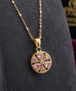 Pink Heart Flower Disc Pendant